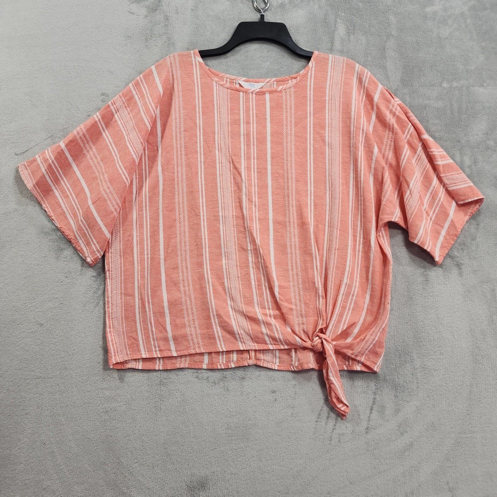 Time And Tru Top Womens M Pink Coral Stripe Linen Blend Tie Front Kimono Sleeve